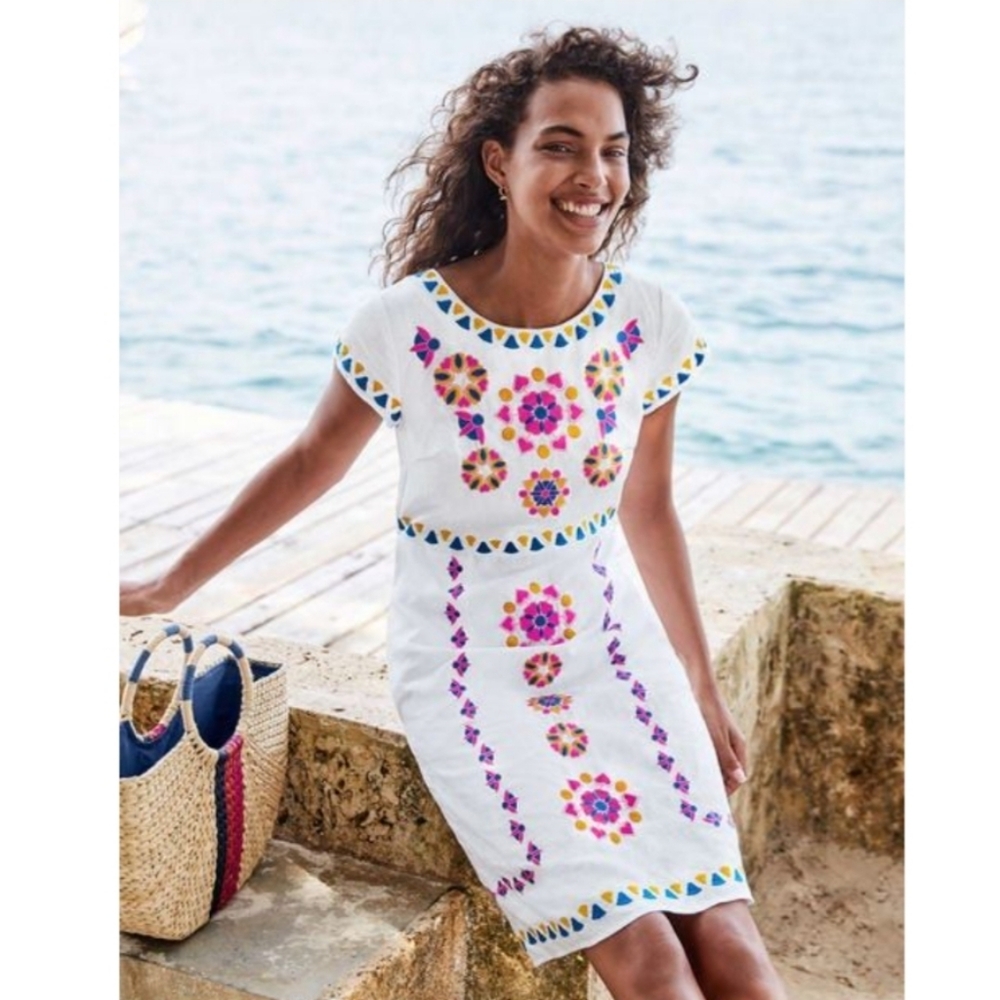 Boden Laura Linen Embroidered White Dress Size 2P